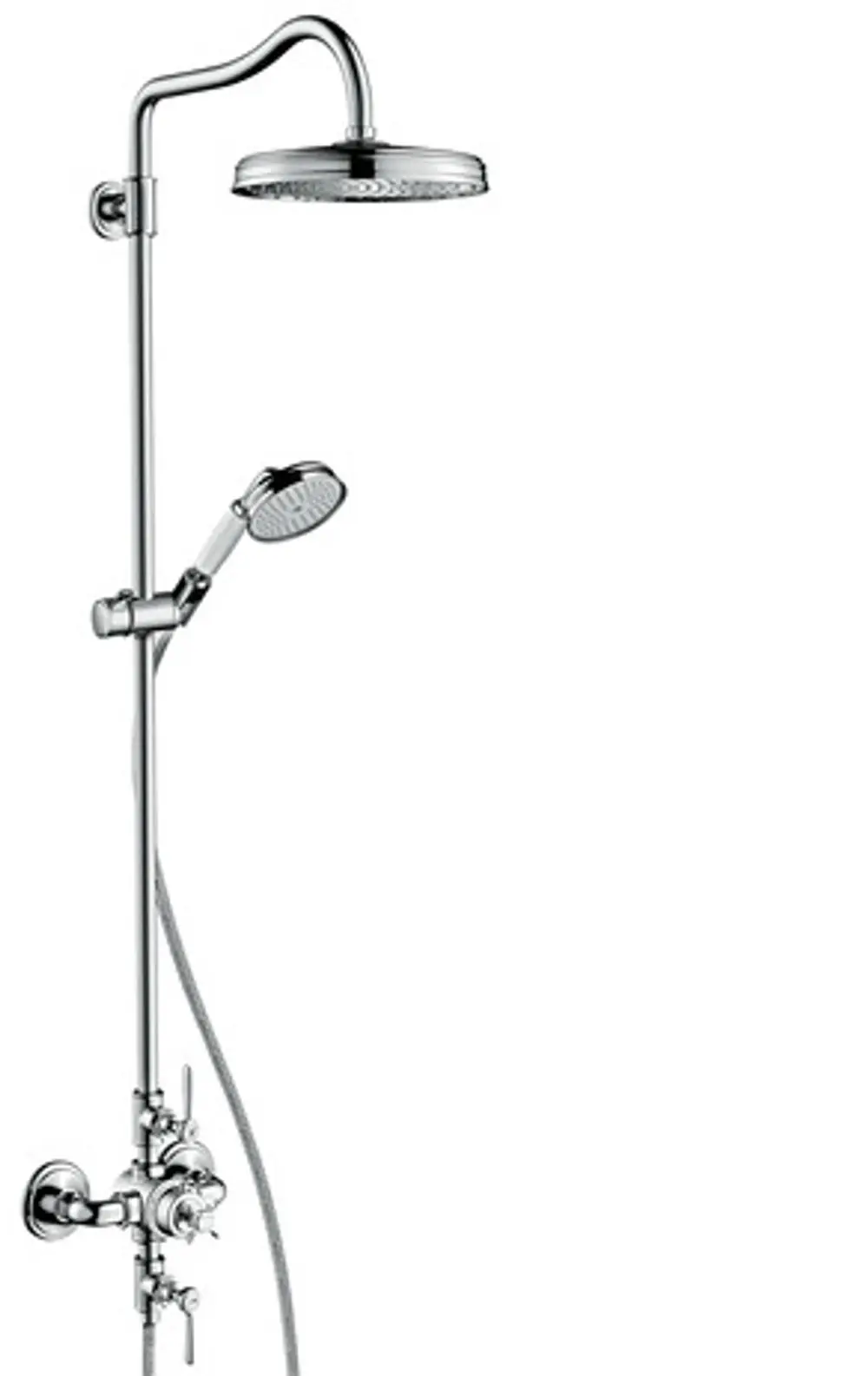 Chromene Dusche mit Kopfbrause und Handbrause, kombiniert in einem System. Das Gerät ist von AXOR und zeigt eine elegante, funktionale Gestaltung ohne sichtbare Maße.